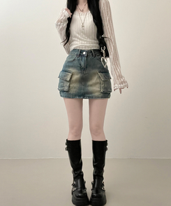 ミニスカート カーゴウォッシングデニムミニスカート LIGHT BLUE
