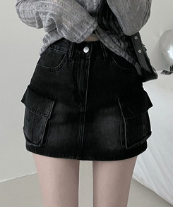 ミニスカート カーゴウォッシングデニムミニスカート BLACK