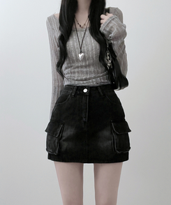 ミニスカート カーゴウォッシングデニムミニスカート BLACK