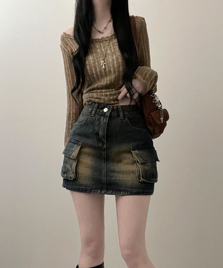 ミニスカート カーゴウォッシングデニムミニスカート DARK DENIM