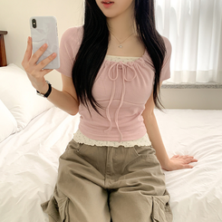 半袖Tシャツ スクエアリボンシャーリング半袖Tシャツ(5color) PINK