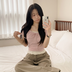 半袖Tシャツ スクエアリボンシャーリング半袖Tシャツ(5color) PINK