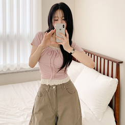 半袖Tシャツ スクエアリボンシャーリング半袖Tシャツ(5color) PINK