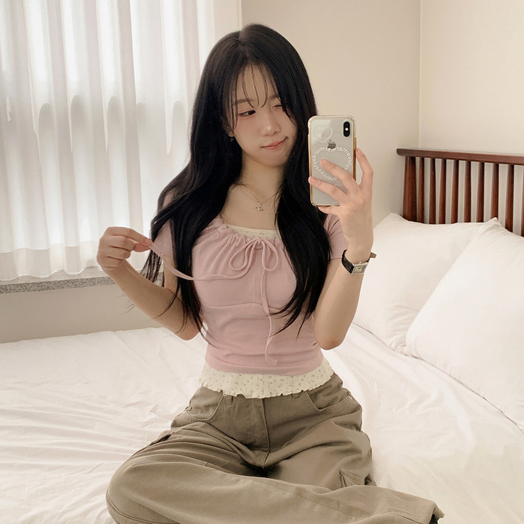 スクエアリボンシャーリング半袖Tシャツ(5color) PINK