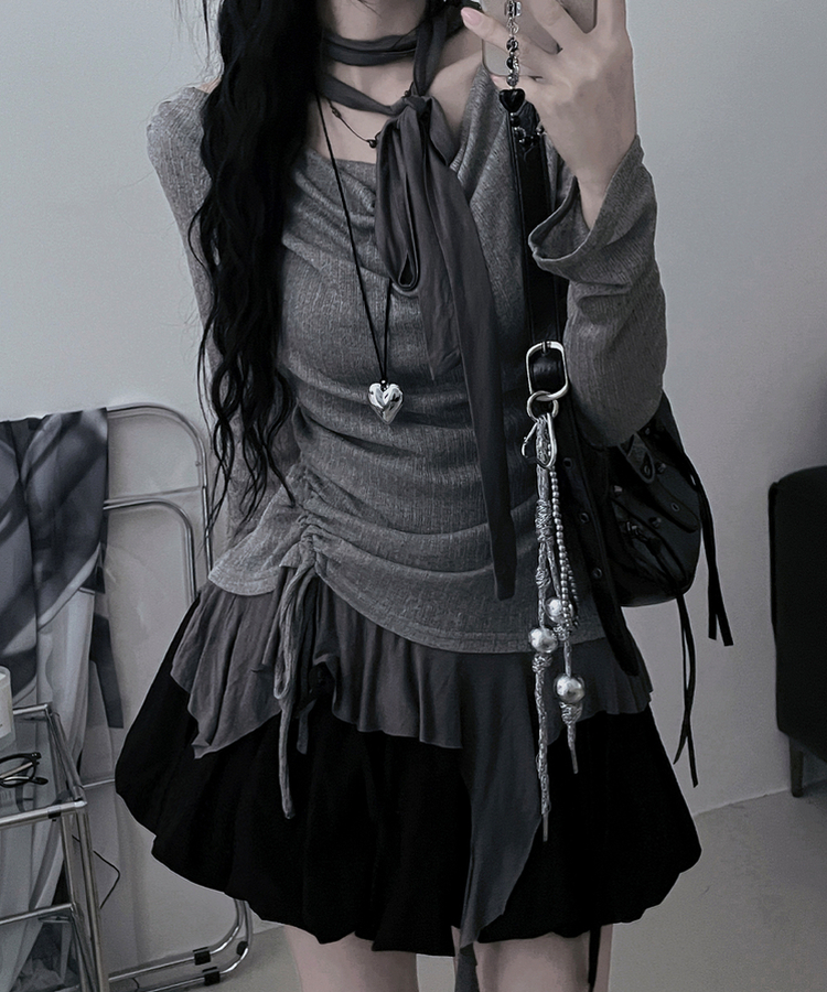 루드언발프릴스카프셔링시스루긴팔스퀘어끈나시세트 그레이