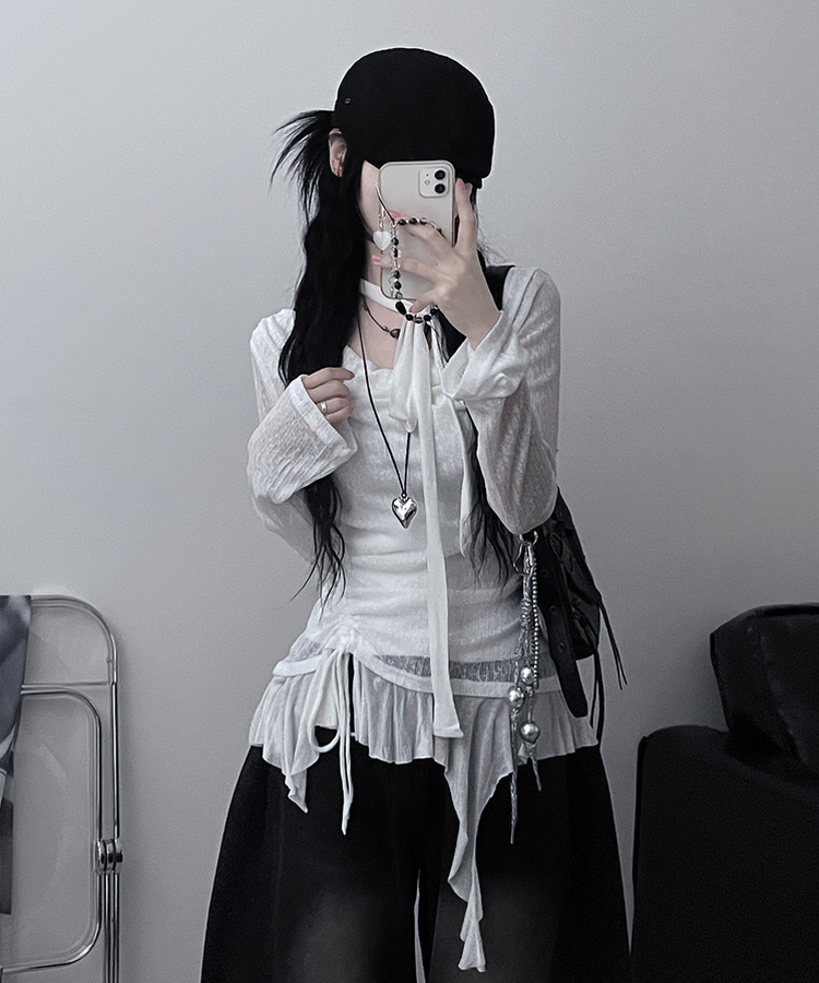 루드언발프릴스카프셔링시스루긴팔스퀘어끈나시세트 화이트