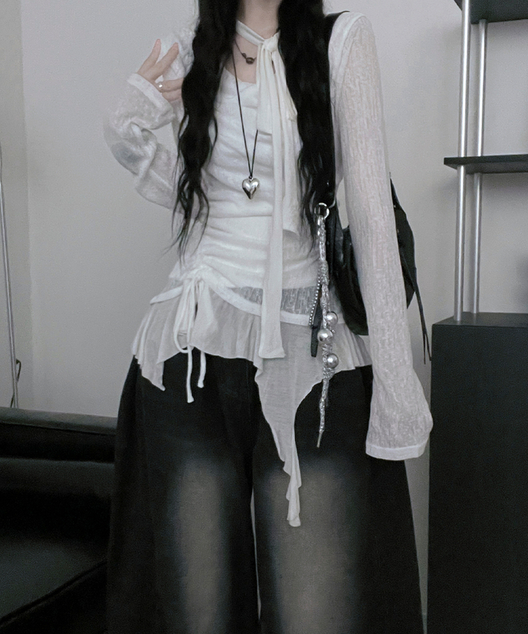 루드언발프릴스카프셔링시스루긴팔스퀘어끈나시세트 화이트