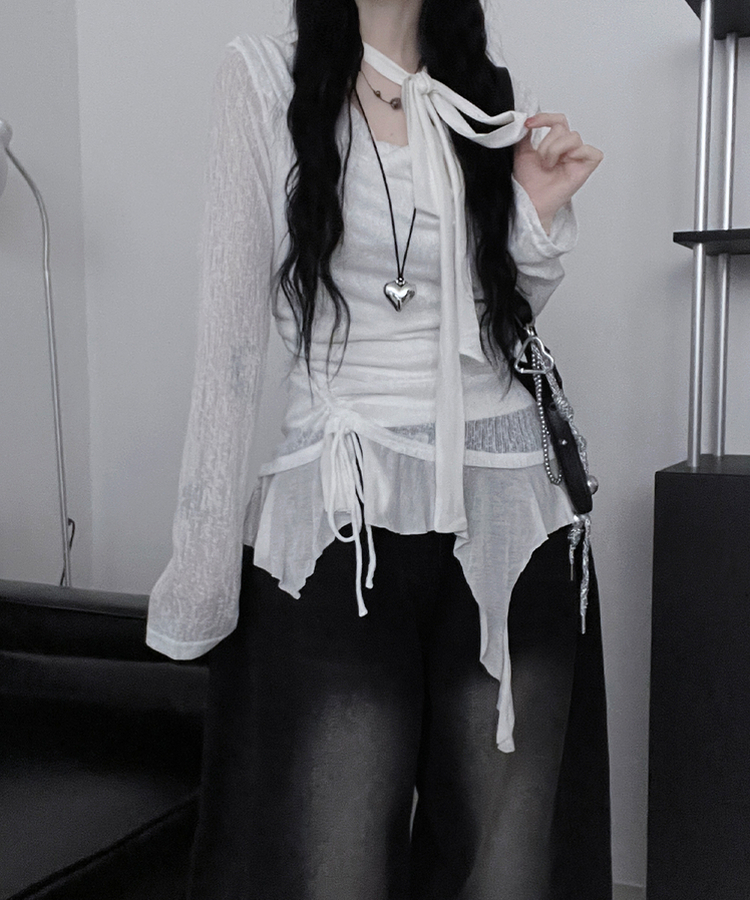 루드언발프릴스카프셔링시스루긴팔스퀘어끈나시세트 화이트