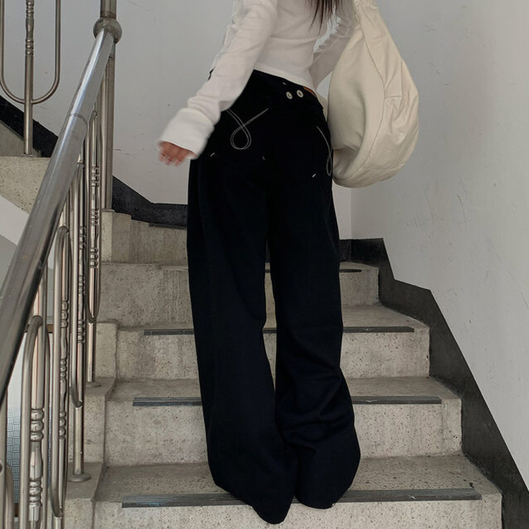 バック刺繍デニムワイドパンツ BLACK