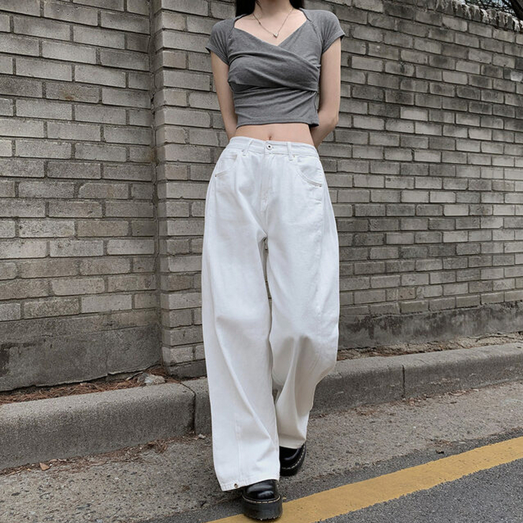 バック刺繍デニムワイドパンツ IVORY