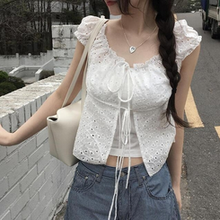 ノースリーブ 【SET】【カップ付き】パンチングブラウス キャミソール WHITE