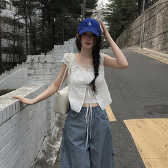 ノースリーブ 【SET】【カップ付き】パンチングブラウス キャミソール WHITE