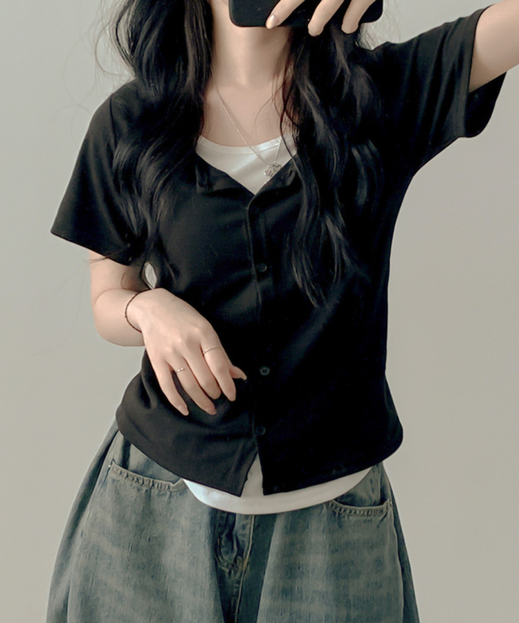 レイヤード半袖カーディガン BLACK