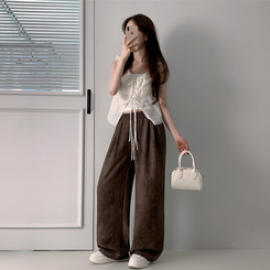 コットンパンツ ハイウエストリネンワイドパンツ BROWN