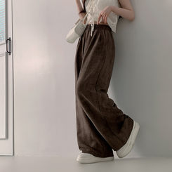 コットンパンツ ハイウエストリネンワイドパンツ BROWN