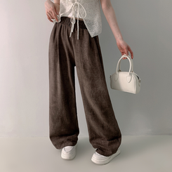 コットンパンツ ハイウエストリネンワイドパンツ BROWN