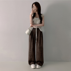 コットンパンツ ハイウエストリネンワイドパンツ BROWN