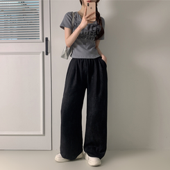 コットンパンツ ハイウエストリネンワイドパンツ BLACK