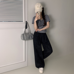 コットンパンツ ハイウエストリネンワイドパンツ BLACK