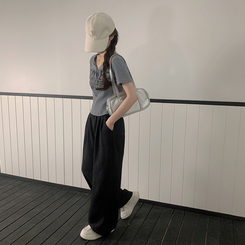 コットンパンツ ハイウエストリネンワイドパンツ BLACK