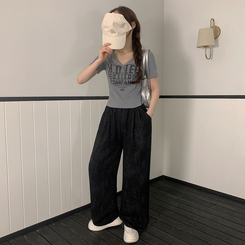 コットンパンツ ハイウエストリネンワイドパンツ BLACK