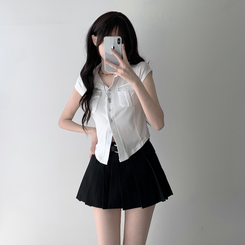 ツーピース 【ベルト付き】【ベルト付き】ポケットボタンカーディガン テニススカート(8color) IVORY-TOP