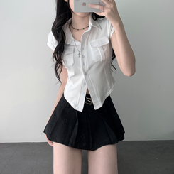 ツーピース 【ベルト付き】【ベルト付き】ポケットボタンカーディガン テニススカート(8color) IVORY-TOP