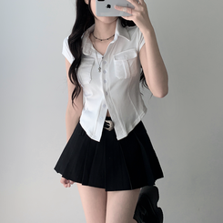ツーピース 【ベルト付き】【ベルト付き】ポケットボタンカーディガン テニススカート(8color) IVORY-TOP