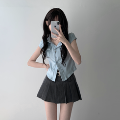 ツーピース 【ベルト付き】【ベルト付き】ポケットボタンカーディガン テニススカート(8color) SKY BLUE-TOP