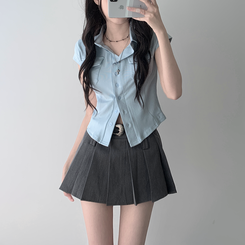 ツーピース 【ベルト付き】【ベルト付き】ポケットボタンカーディガン テニススカート(8color) SKY BLUE-TOP