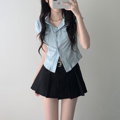 ツーピース 【ベルト付き】【ベルト付き】ポケットボタンカーディガン テニススカート(8color) SKY BLUE-TOP