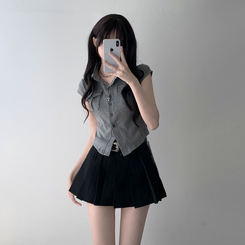 ツーピース 【ベルト付き】【ベルト付き】ポケットボタンカーディガン テニススカート(8color) GREY-TOP