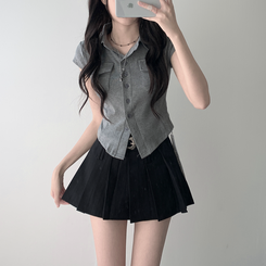 ツーピース 【ベルト付き】【ベルト付き】ポケットボタンカーディガン テニススカート(8color) GREY-TOP
