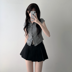 ツーピース 【ベルト付き】【ベルト付き】ポケットボタンカーディガン テニススカート(8color) GREY-TOP
