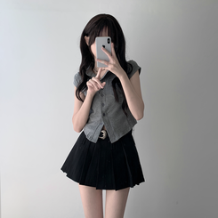 ツーピース 【ベルト付き】【ベルト付き】ポケットボタンカーディガン テニススカート(8color) GREY-TOP