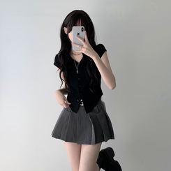 ツーピース 【ベルト付き】【ベルト付き】ポケットボタンカーディガン テニススカート(8color) BLACK-TOP