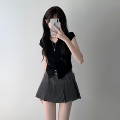 ツーピース 【ベルト付き】【ベルト付き】ポケットボタンカーディガン テニススカート(8color) BLACK-TOP
