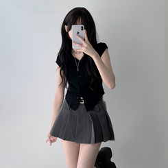 ツーピース 【ベルト付き】【ベルト付き】ポケットボタンカーディガン テニススカート(8color) BLACK-TOP
