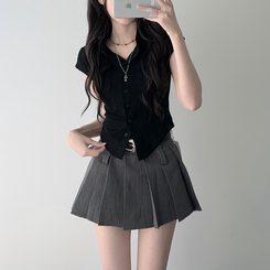 ツーピース 【ベルト付き】【ベルト付き】ポケットボタンカーディガン テニススカート(8color) BLACK-TOP