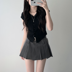 ツーピース 【ベルト付き】【ベルト付き】ポケットボタンカーディガン テニススカート(8color) BLACK-TOP