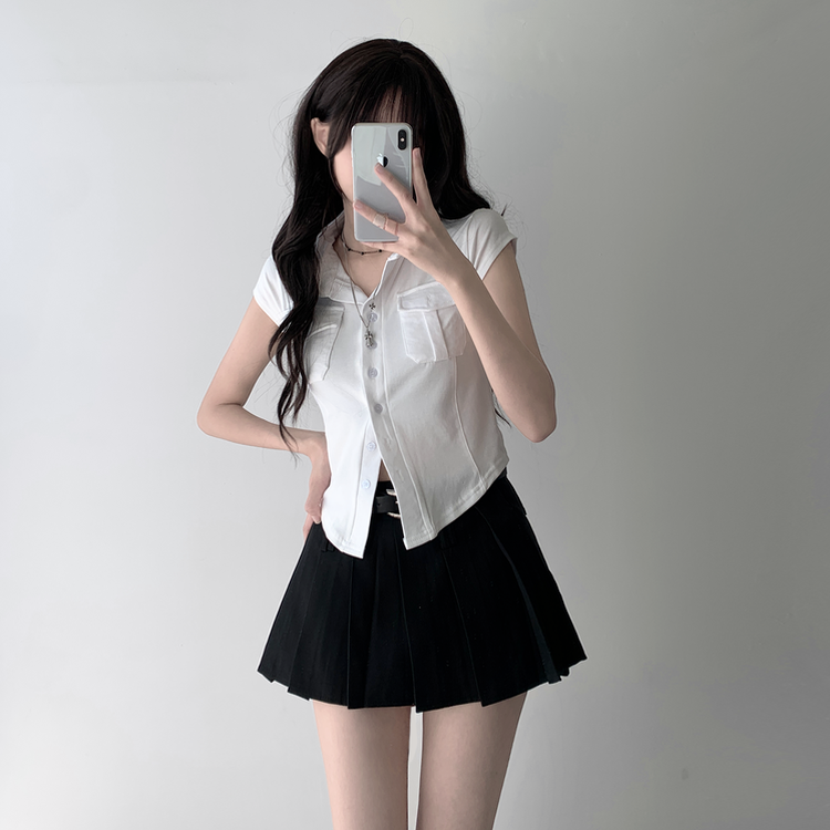 【ベルト付き】【ベルト付き】ポケットボタンカーディガン テニススカート(8color) IVORY-TOP