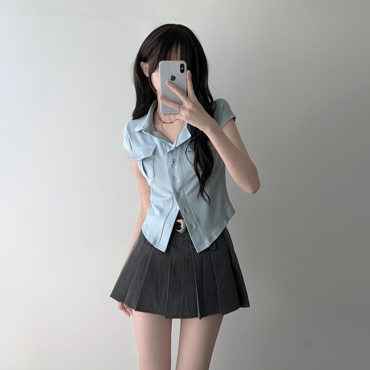 【ベルト付き】【ベルト付き】ポケットボタンカーディガン テニススカート(8color) SKY BLUE-TOP