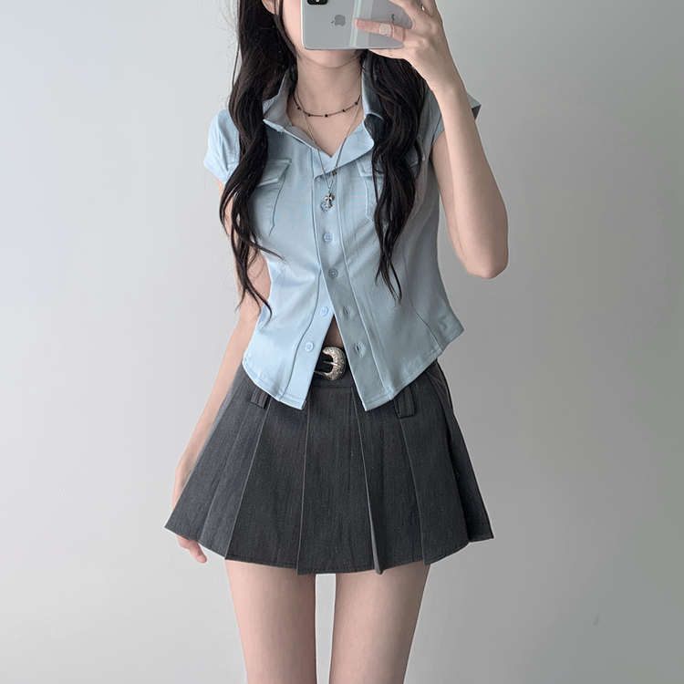 【ベルト付き】【ベルト付き】ポケットボタンカーディガン テニススカート(8color) SKY BLUE-TOP