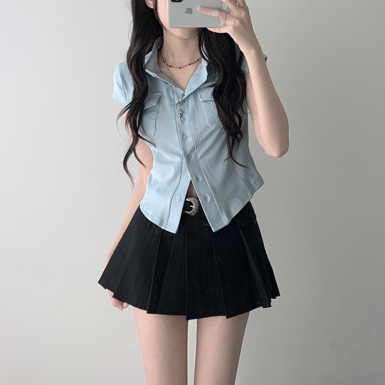 【ベルト付き】【ベルト付き】ポケットボタンカーディガン テニススカート(8color) SKY BLUE-TOP