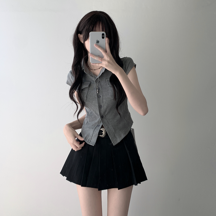 【ベルト付き】【ベルト付き】ポケットボタンカーディガン テニススカート(8color) GREY-TOP