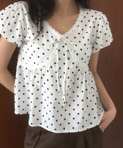 ブラウス ドットレースリボン半袖ブラウス WHITE