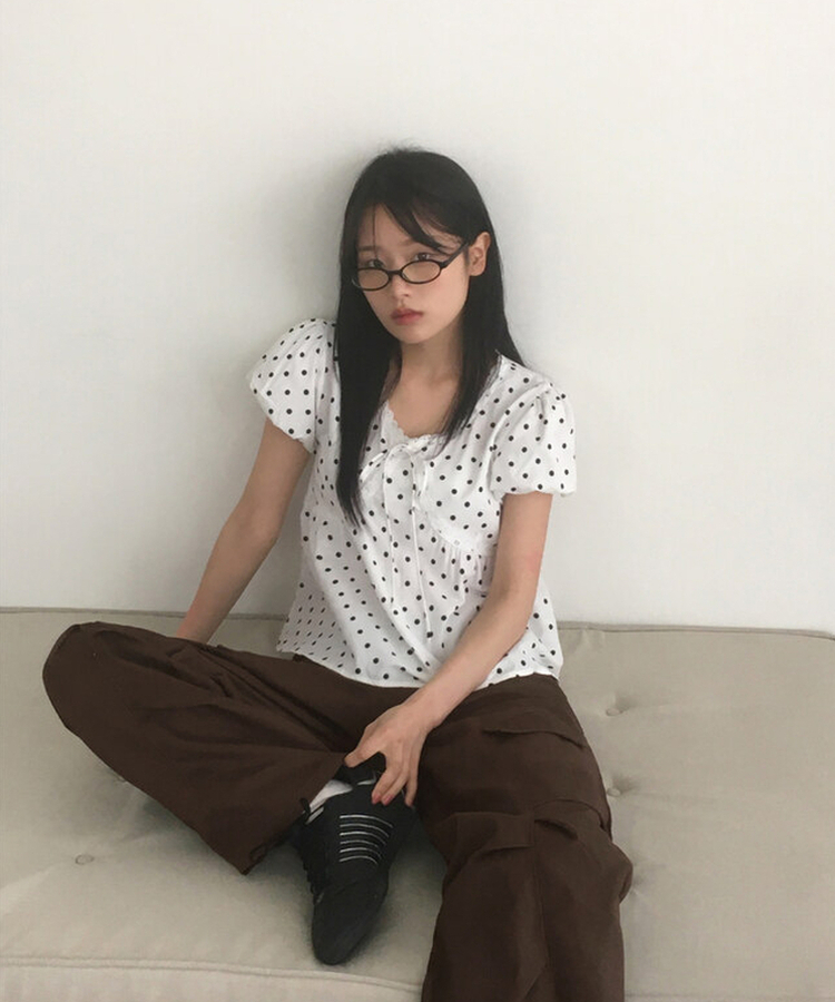 ドットレースリボン半袖ブラウス WHITE