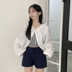 [살안타템!러블리]레이스 핀턱 프릴 끈 셔링 후드 블라우스 긴팔 아우터 화이트