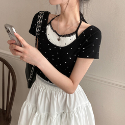 半袖Tシャツ ホルタードットレイヤードクロップ半袖Tシャツ BLACK
