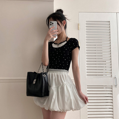 半袖Tシャツ ホルタードットレイヤードクロップ半袖Tシャツ BLACK